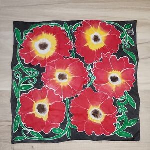Hand Painted SILK Floral Red and Green Scarf